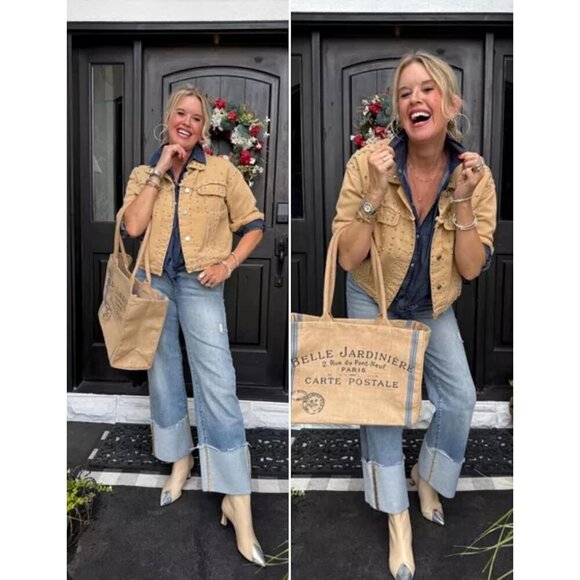 Women's Khaki Studded Cropped Jean Jacket Western Distressed Denim Coat Outdoor - Picture 3 of 6